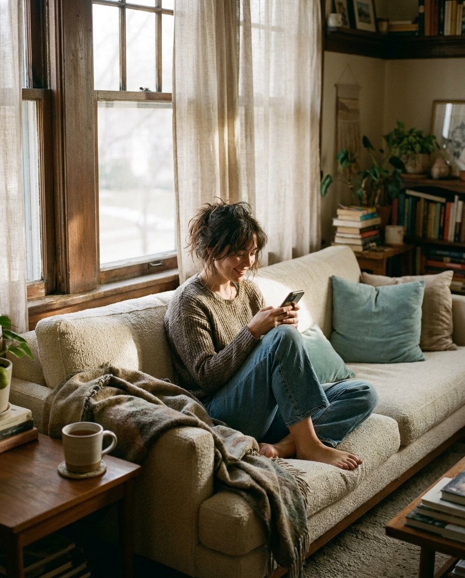 A woman on her couch reading her phone with a small smile